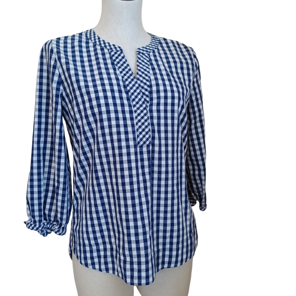 Vineyard Vines Blouse Blue White Check Cotton Popover Sleeve Detail Womens Small